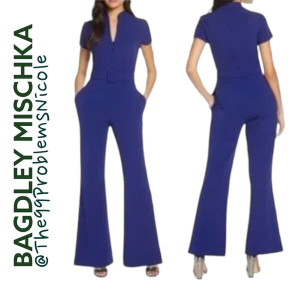Badgley Mischka Blue Belted Jumpsuit with pockets - Picture 1 of 9